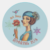 Roaring 20's Art Deco Lady in Blauw Ronde Sticker (Voorkant)