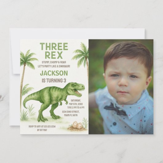 Roaring Dinosaur Verjaardag Uitnodigingen met foto (Voorkant)