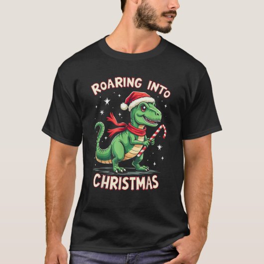 Roaring into Christmas T Rex Santa Hat Candy Cane T-shirt (Voorkant)