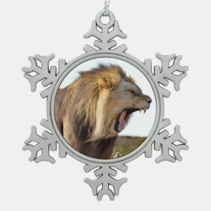 Roaring leeuw vol tanden tin sneeuwvlok ornament