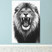 Roaring Lion Black White Powerful Wildlife Art Canvas Afdruk (Insitu (Houten vloer))