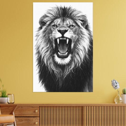 Roaring Lion Black White Powerful Wildlife Art Canvas Afdruk (Insitu (Woonkamer))
