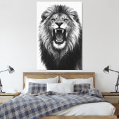 Roaring Lion Black White Powerful Wildlife Art Canvas Afdruk (Insitu (Slaapkamer))