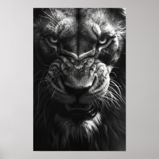 Roaring Lion Front Uitzicht Fotorealistisch Zwart Poster (Voorkant)