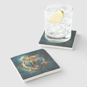 Roaring Tiger Moonlit Oerwoud Stenen Onderzetter