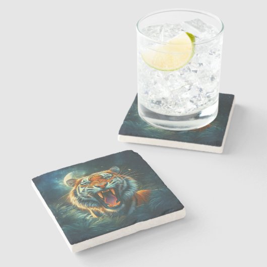 Roaring Tiger Moonlit Oerwoud Stenen Onderzetter (Zijkant)