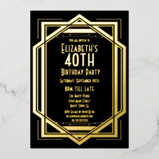 Roaring Twenties Art Deco Zwart | Goud 40ste Verja Folie Uitnodiging