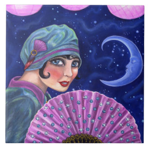 Roaring Twenties Flapper Girl Fan Moon Stars Tegeltje
