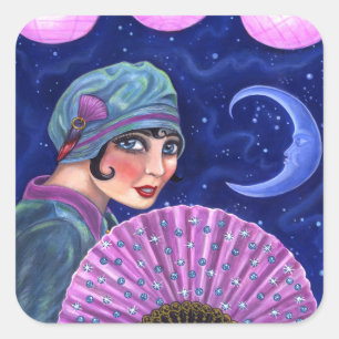 Roaring Twenties Flapper Girl Fan Moon Stars Vierkante Sticker
