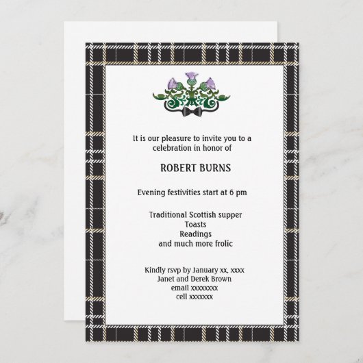 Robbie Burns Cravate noire Invitation (Devant / Derrière)