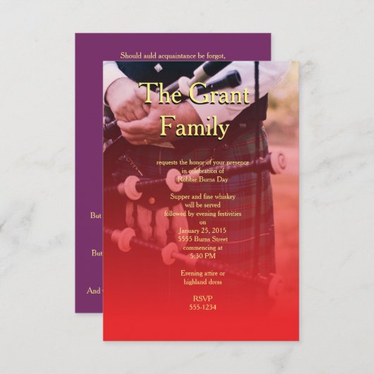 Robbie Burns Scotland Sentimental Party Invitation (Devant / Derrière)