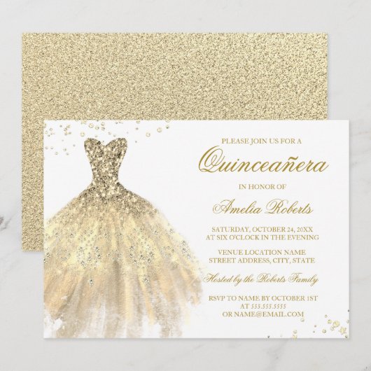Robe à étincelles or Quinceanera Invitation (Devant / Derrière)