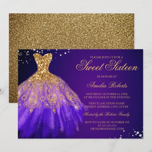 Robe à paillettes or violet Invitation Sweet Sixte (Devant / Derrière)