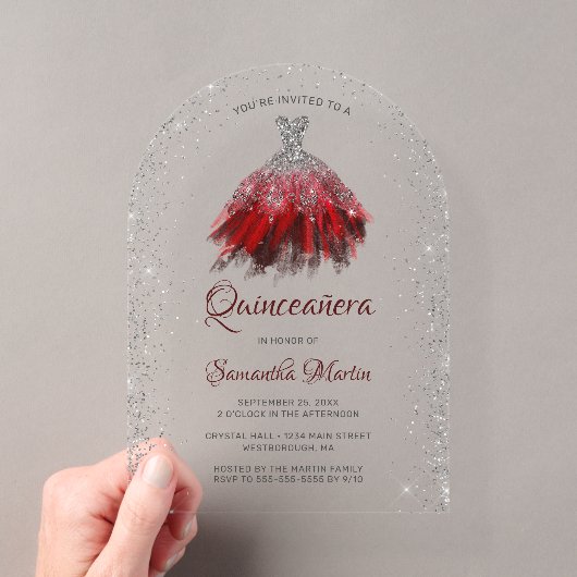 Robe à paillettes rouge argentée Script Invitation (In situ (ordinateur de poche))