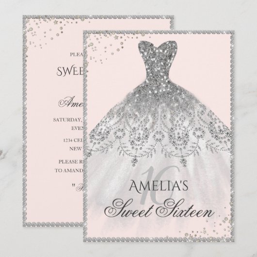 Robe Argent Étincelle 16e Sweet sixteen Invitation (Devant / Derrière)