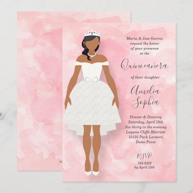 Robe blanche et invitation Tiara Pink Quinceanera (Devant / Derrière)