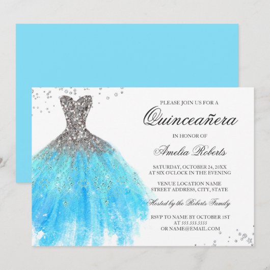 Robe bleu étincelante Quinceanera Invitation (Devant / Derrière)