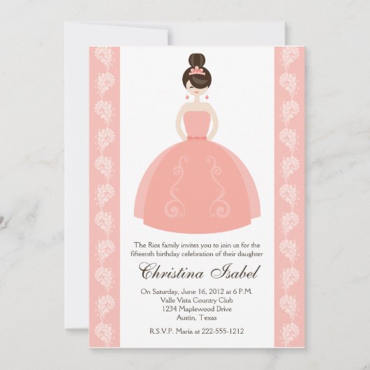 Robe de coing rose Brunette Quinceanera Invitation (Devant)