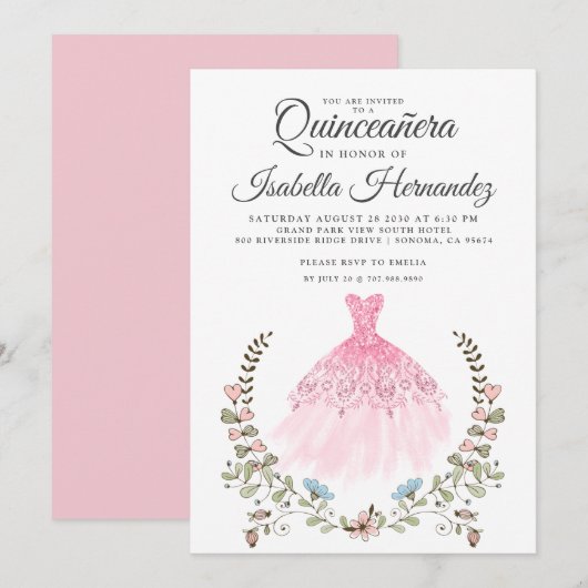 Robe de Gown Quineanera Floral rose Invitation (Devant / Derrière)