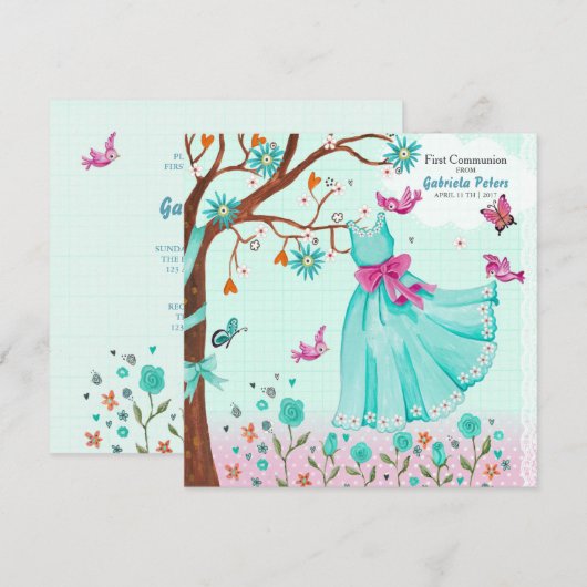 Robe de première communion | Invitations Fille (Devant / Derrière)