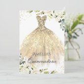 Robe d'or étincelle Floral Quinceanera Invitation (Debout devant)