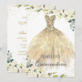 Robe d'or étincelle Floral Quinceanera Invitation (Devant / Derrière)