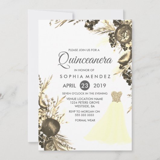 Robe d'or Gown Floral Quinceanera invitation (Devant)