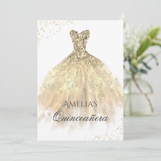 Robe d'or Sparkle Quinceanera Invitation (Debout devant)