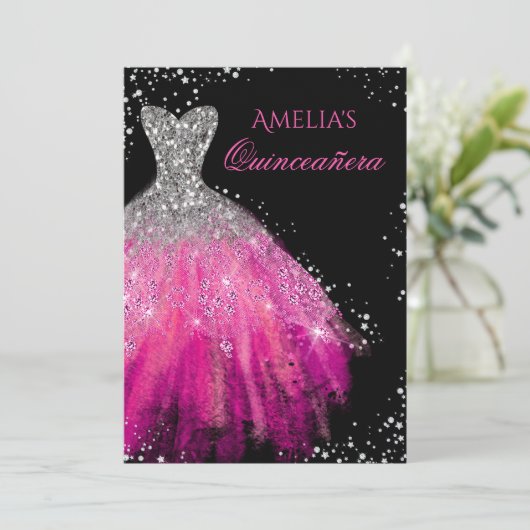 Robe étincelante Quinceanera rose Invitation (Debout devant)