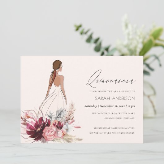 Robe florale Pampas Grass Quinceanera Invitation (Debout devant)
