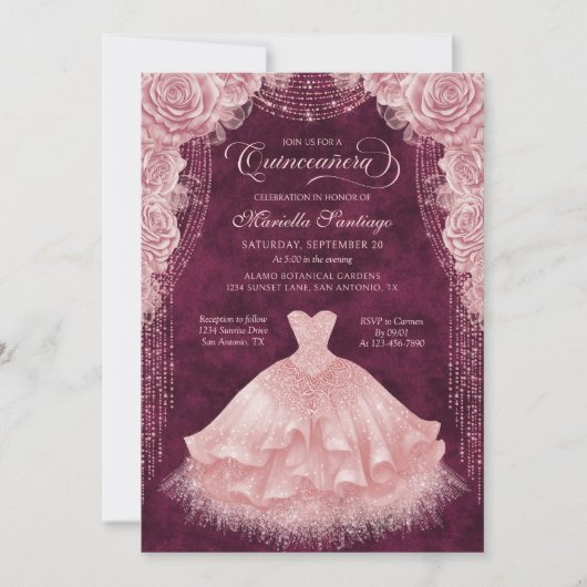 Robe florale rose pâle Quinceanera Invitation (Devant)