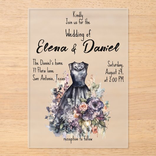 Robe noire aquarelle mariage Acrylique Invitation (Recto)