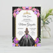 Robe noire et Rose Mis Quince Invitation (Debout devant)
