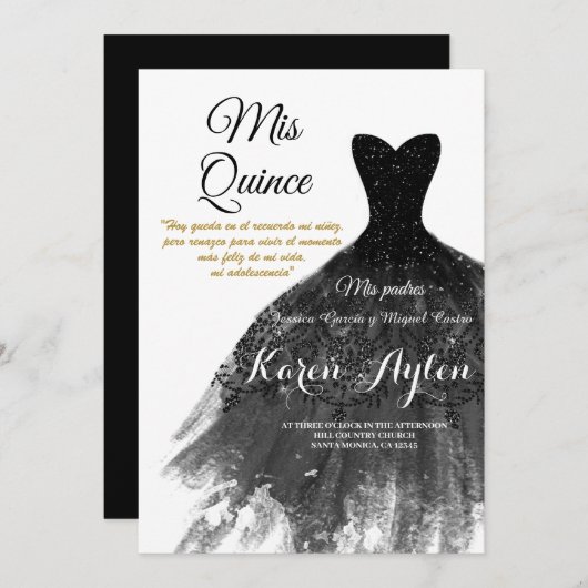 Robe noire invitation Quinceañera (Devant / Derrière)