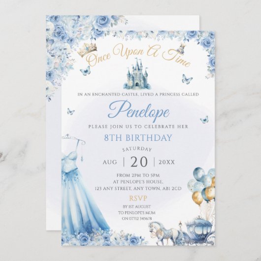 Robe princesse bleue Invitation de fête d'annivers (Devant / Derrière)