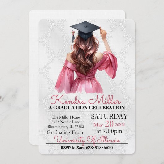 Robe rose Aquarelle Graduation Invitation (Devant / Derrière)
