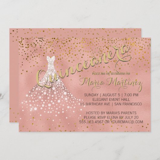 Robe rose Diamant Or Quinceanera Invitation (Devant / Derrière)