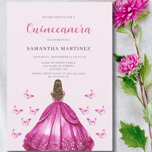 Robe rose élégante Quinceañera Invitation