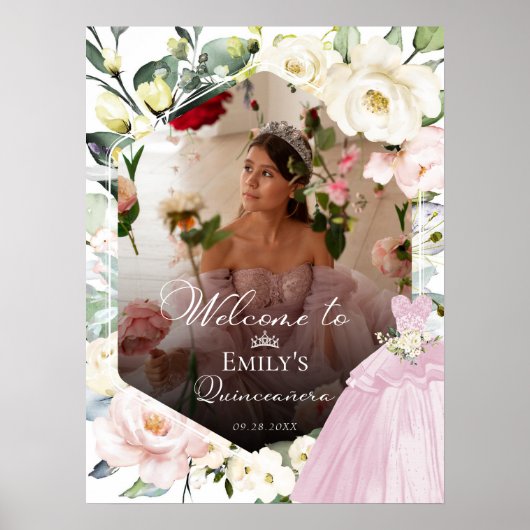 Robe rose Floral Photo Quinceañe Affiche de bienve (Devant)