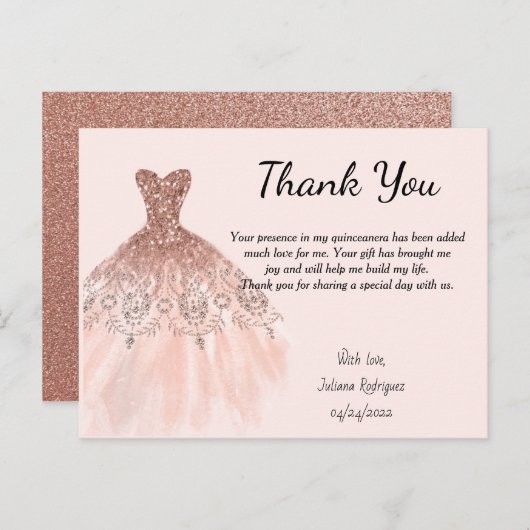 Robe rose Gold Sparkle Carte de remerciements Quin (Devant / Derrière)