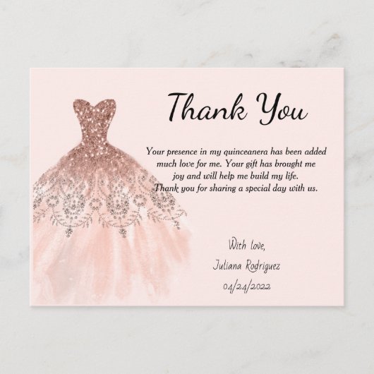 Robe rose Gold Sparkle Carte de remerciements Quin (Devant)
