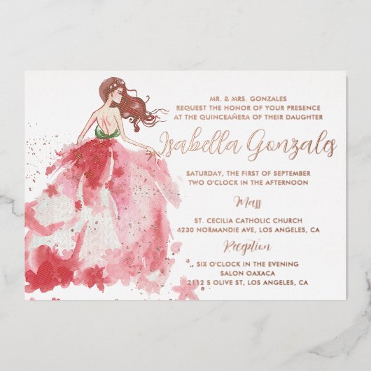 Robe rose or étincelante Quinceañera Invitation (Recto)