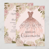 Robe rose or Rose floral Quinceanera Invitation (Devant / Derrière)