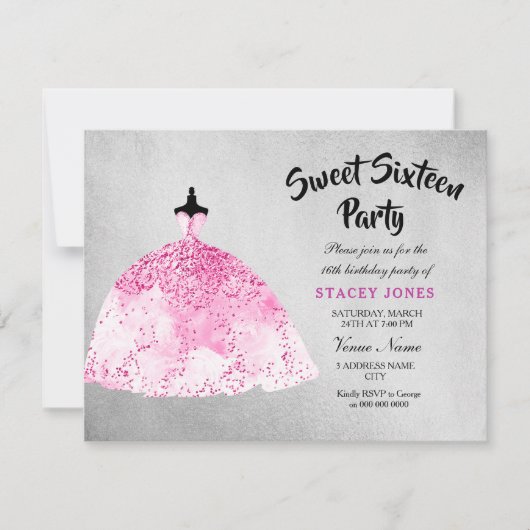 Robe rose Silver Sweet 16 Party Invitation (Devant)
