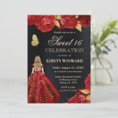 Robe Rouge Blonde Femme Fleurs Douce 16 Invitation (Debout devant)