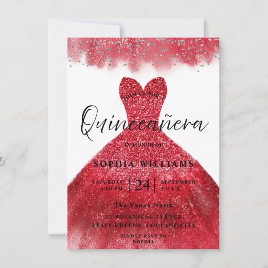 Robe rouge étincelle Quinceanera Party Invitation (Devant)