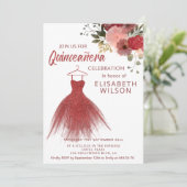 Robe rouge florale gliteuse Quinceañera Invitation (Debout devant)