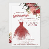 Robe rouge florale gliteuse Quinceañera Invitation (Devant / Derrière)