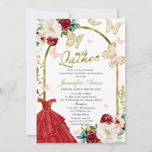 Robe rouge Quince Papillon Invitations bilingues (Dos)