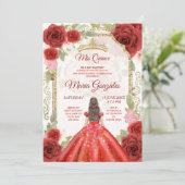 Robe rouge & Rose Mexicaine Quinceanera Invitation (Debout devant)